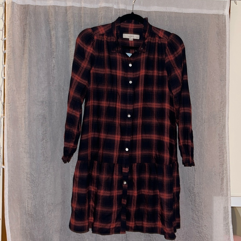 NWT LOFT XS petite - long sleeve plaid dress